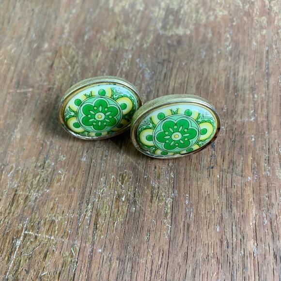 Vintage Retro green yellow floral pattern Gold‎ tone Enamel Cufflinks Cuff Links - Picture 1 of 5